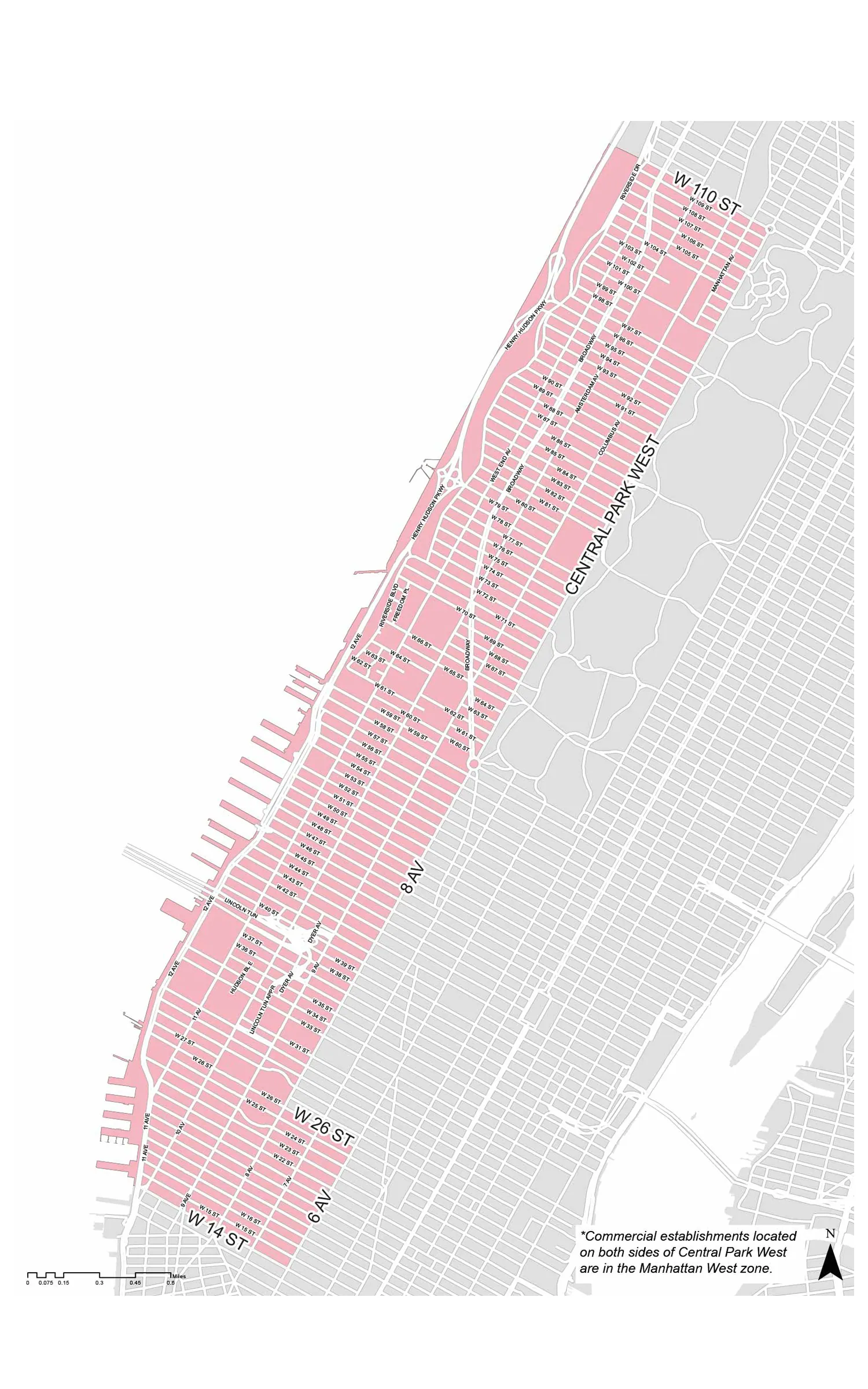 DSNY Manhattan West Commercial Waste Zone map, W 14 St to W 110 St, Hudson River to 6th Avenue, 8th Avenue and Central Park West