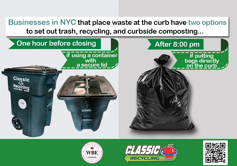 Two ways to set out waste: one hour before closing in a container with a secure lid, or after 8:00 PM in bags directly on the curb