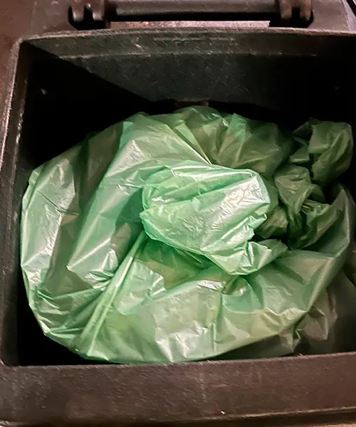 Tote lined with a green compostable bag