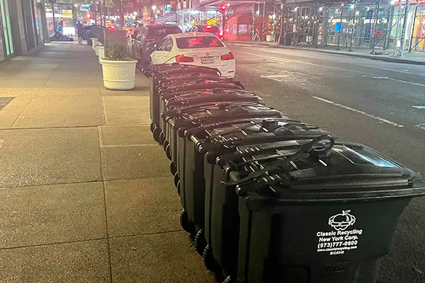Garbage in a tote with a secure lid, set out on the curb