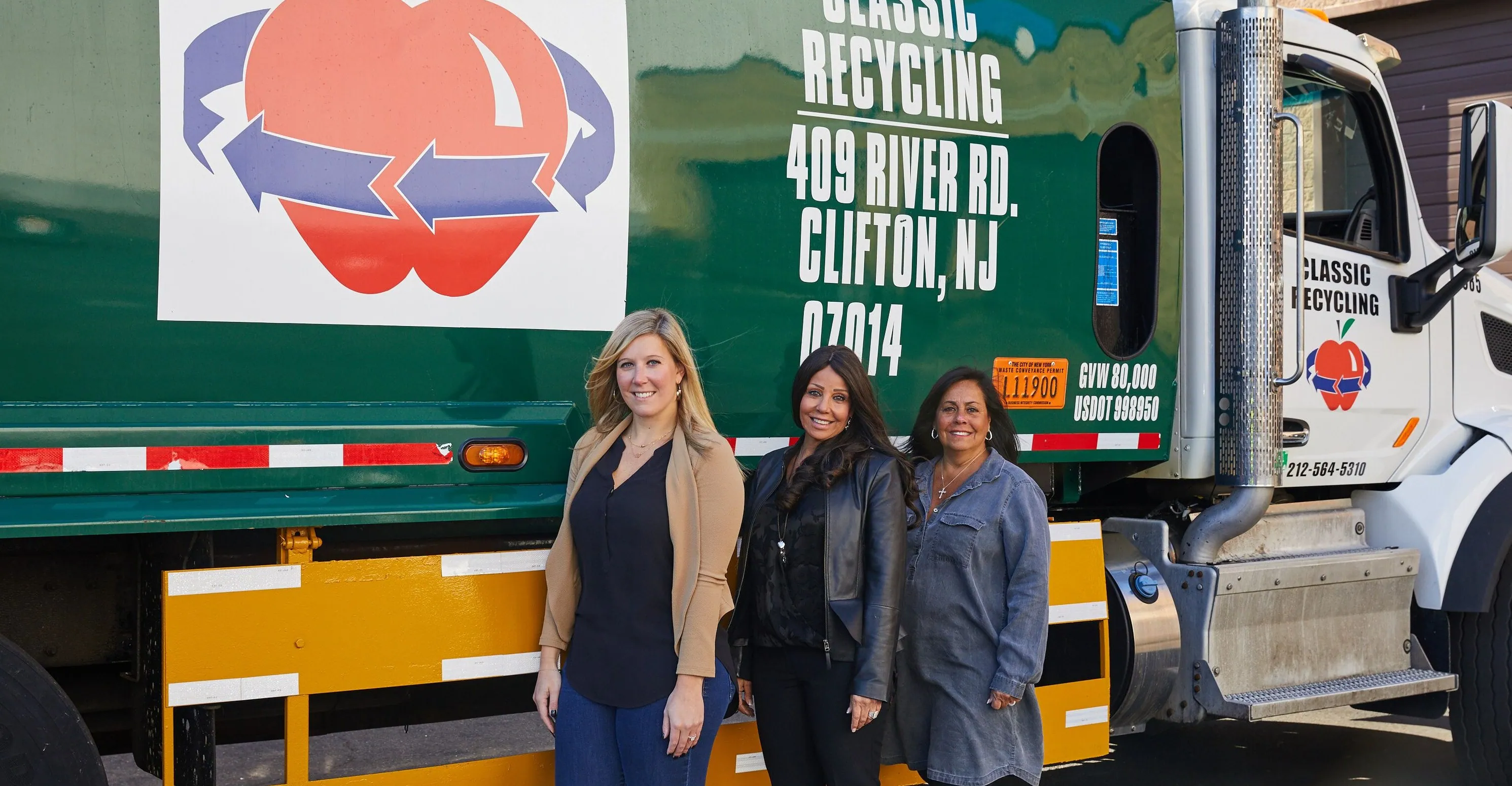 Amanda Schellaci, Donna Chiaia and Linda Chiaia in front of a Classic Recycling truck