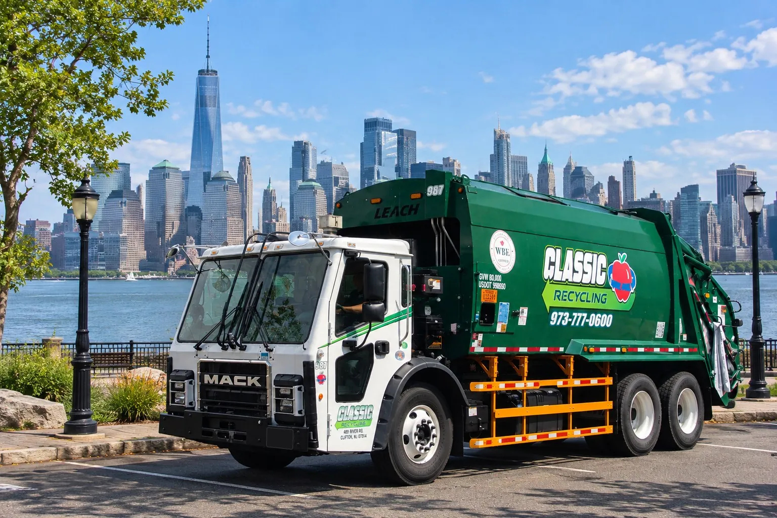 Classic Recycling truck on the waterfront with the Lower Manhattan skyline behind it