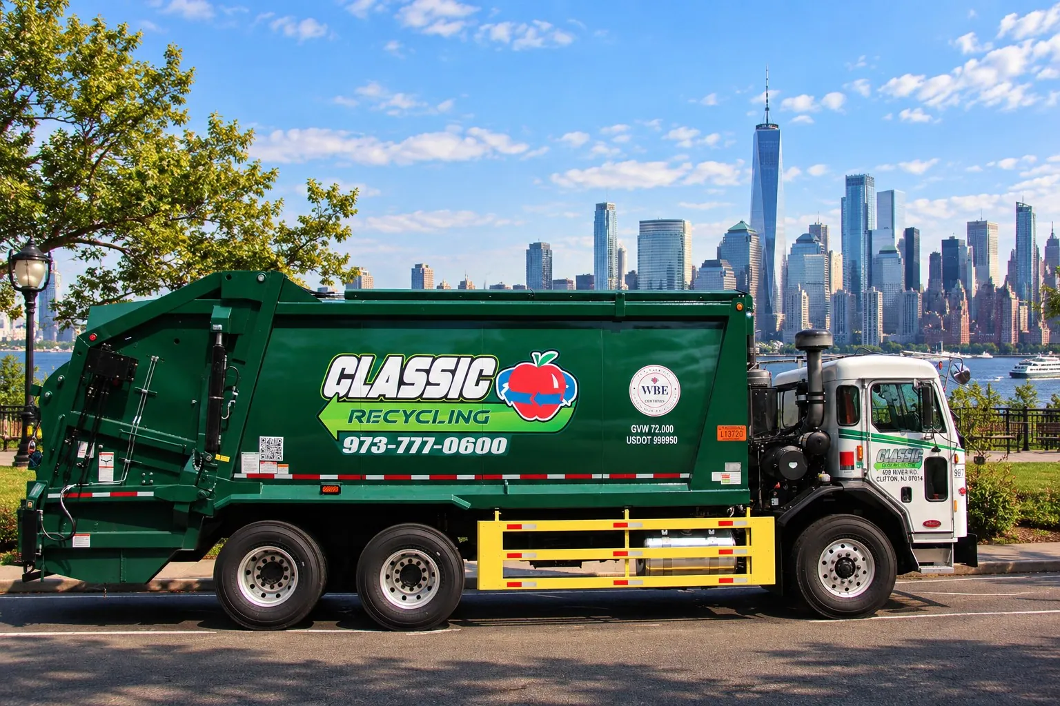 Classic Recycling truck at Liberty State Park with the Lower Manhattan skyline behind it