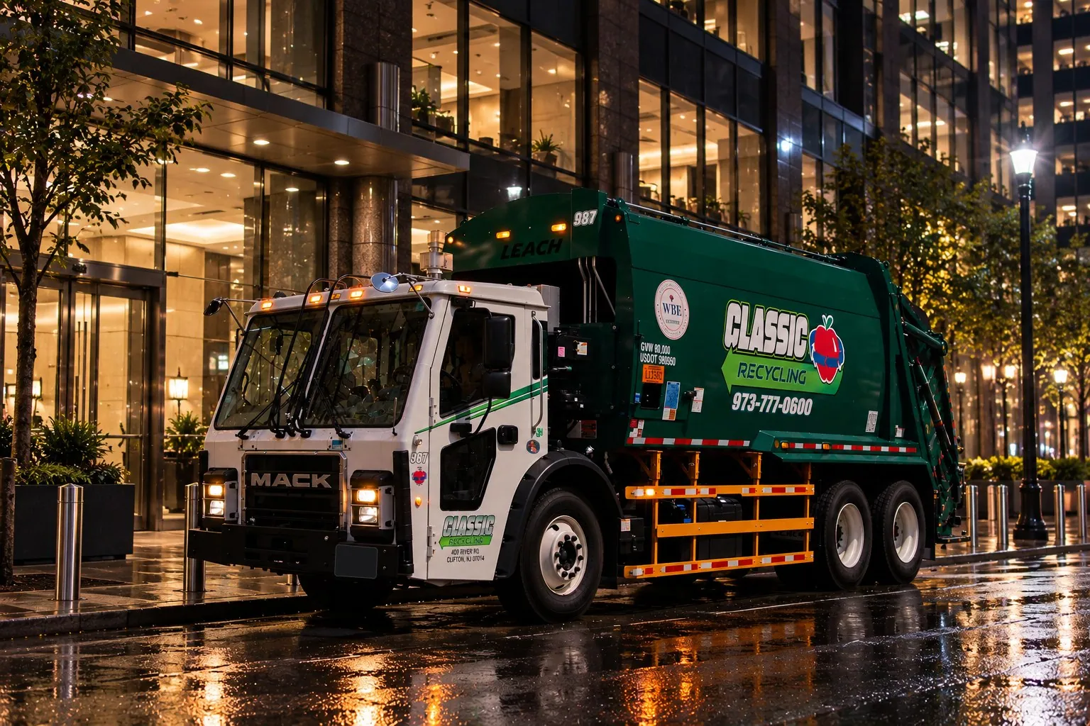 Classic Recycling truck outside a New York City office building on a rainy night